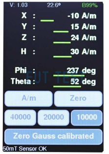 HS 3D-CONTROL displays the magnetic field strength in three dimensions separately.