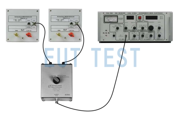 Measurement of common mode and differential mode separated voltages using LISN, CMDM 8700 B, spectrum analyzer