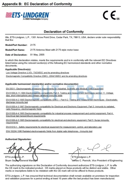 CE marking certificate for ETS 2175